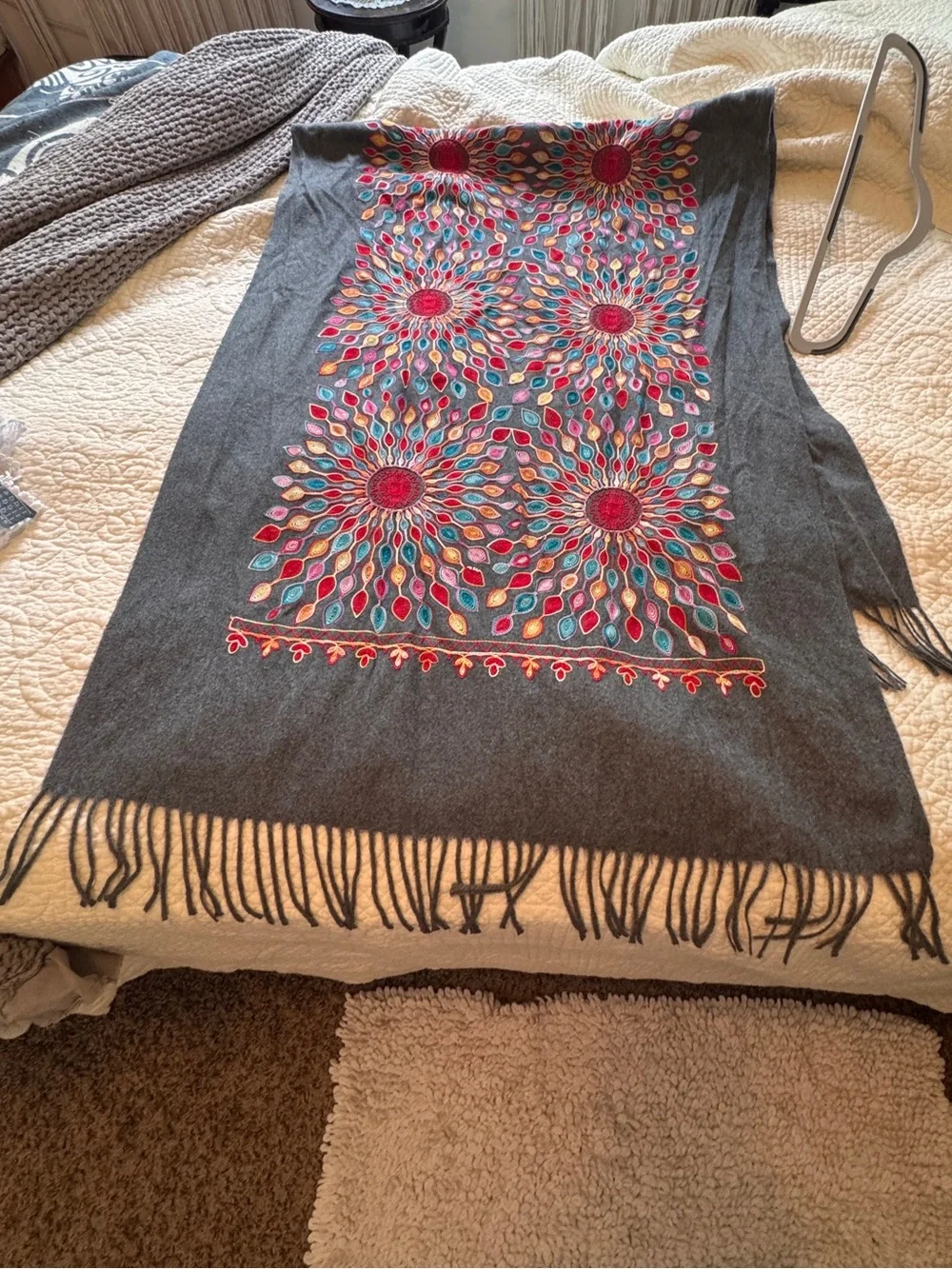 Soft Gray Scarf with Multicolor Sunburst Embroidery patterns like new